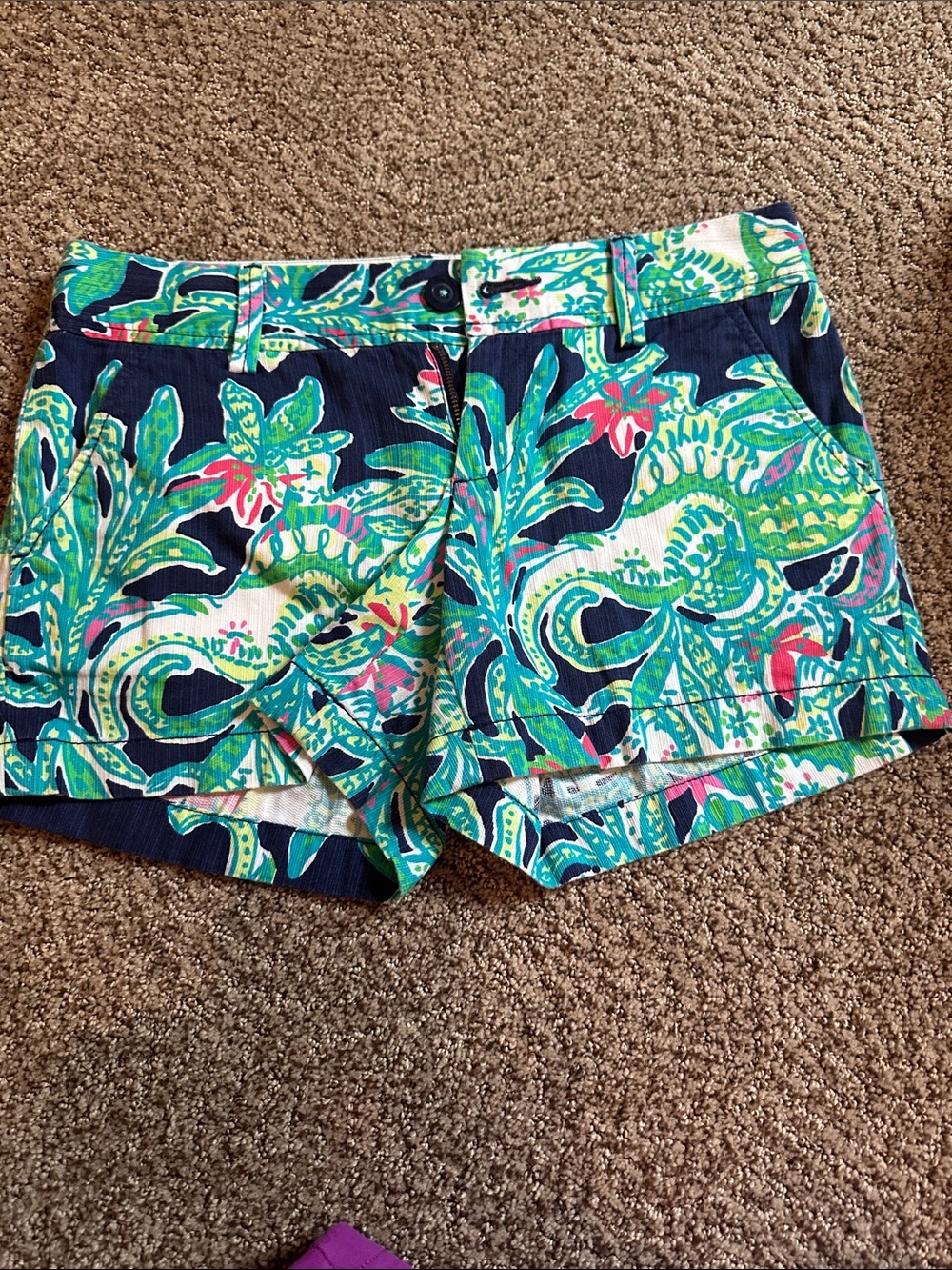 Lilly Pulitzer Navy Jean Shorts with Green & Pink Tropical Print